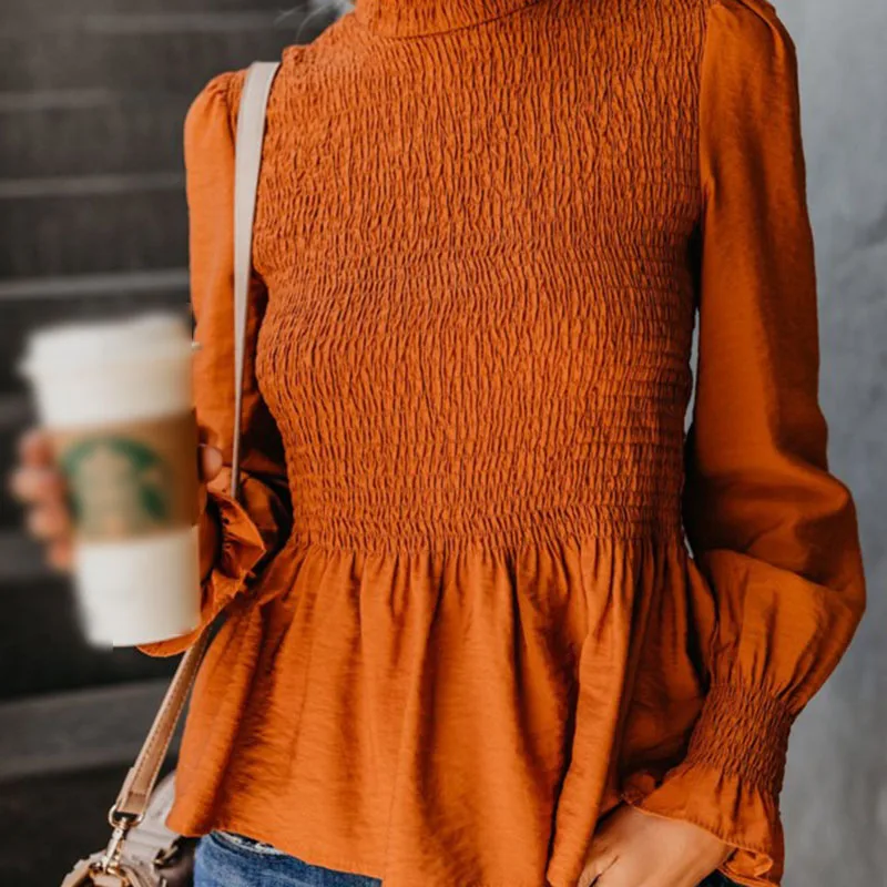 Sexy High Collar Blouse Women Autumn Fashion Casual All-match Solid Color Long Sleeves Lace Decoration Top Female Blouse