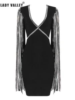 

Heavy Craft Hot Rhinestone Tassel Long Sleeve V-Neck Elastic Waist Hip Bag Dress Lady Personality Fashion Sexy
