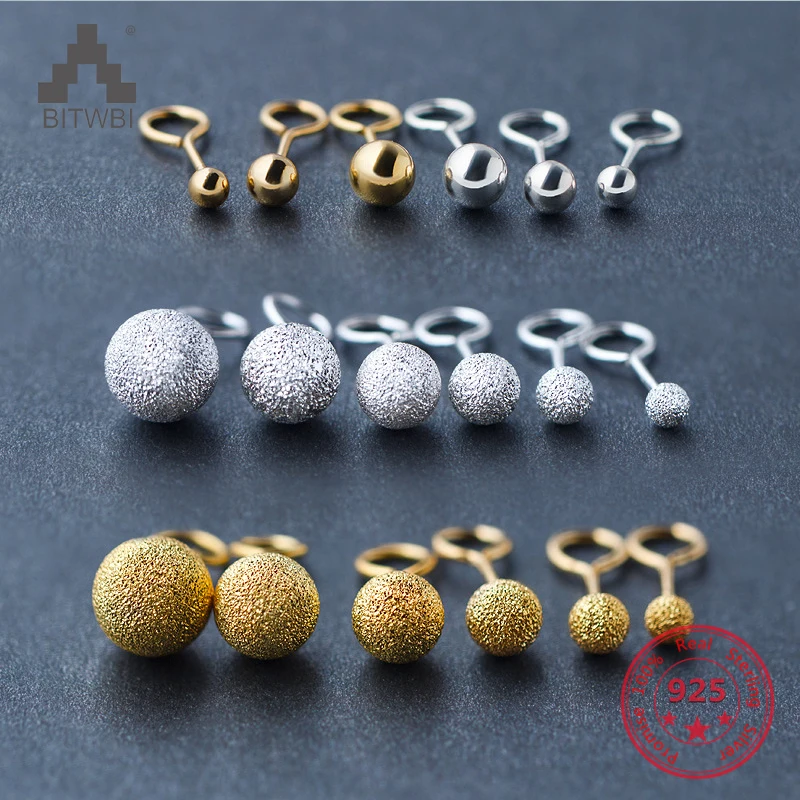 925 Sterling Silver Women Stud Earrings Frosted Gold Plated Round Bead Ball Ear Buckle Curved Hook Earring Accessories Jewelry | Украшения