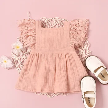 0-24M Newborn Infant Baby Girls Casual Dress Solid Color Short Fly Sleeves Clothing Yellow/ Grey Blue/ Pink/ Apricot 3