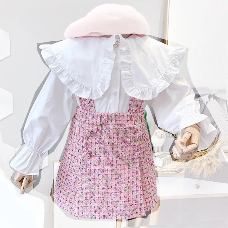 Весенне-осенний комплект из 2 предметов для девочек, блузка для малышей+ юбка на подтяжках, Детский костюм, детская брендовая одежда с оборками на шее, в клетку, для детей от 2 до 7 лет - Цвет: pink white