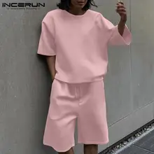 

INCERUN Men Half-sleeve Blouse Five-Point Pants Solid All-match Simple Sets Short Sleeve T-shirts Short Pant Suit 2 Pieces S-5XL
