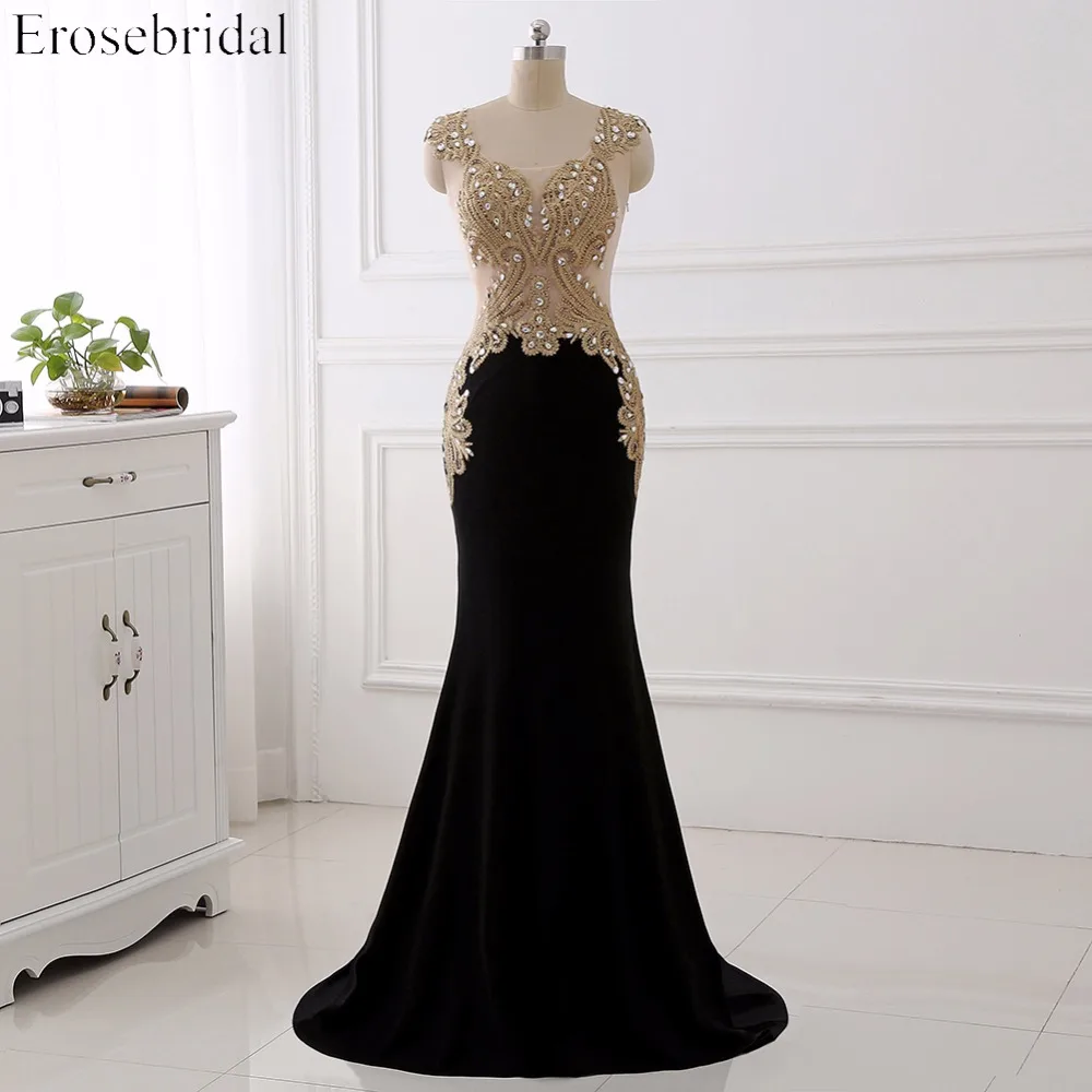 Женское вечернее платье со шлейфом Erosebridal Черное длинное золотистое кружевное с