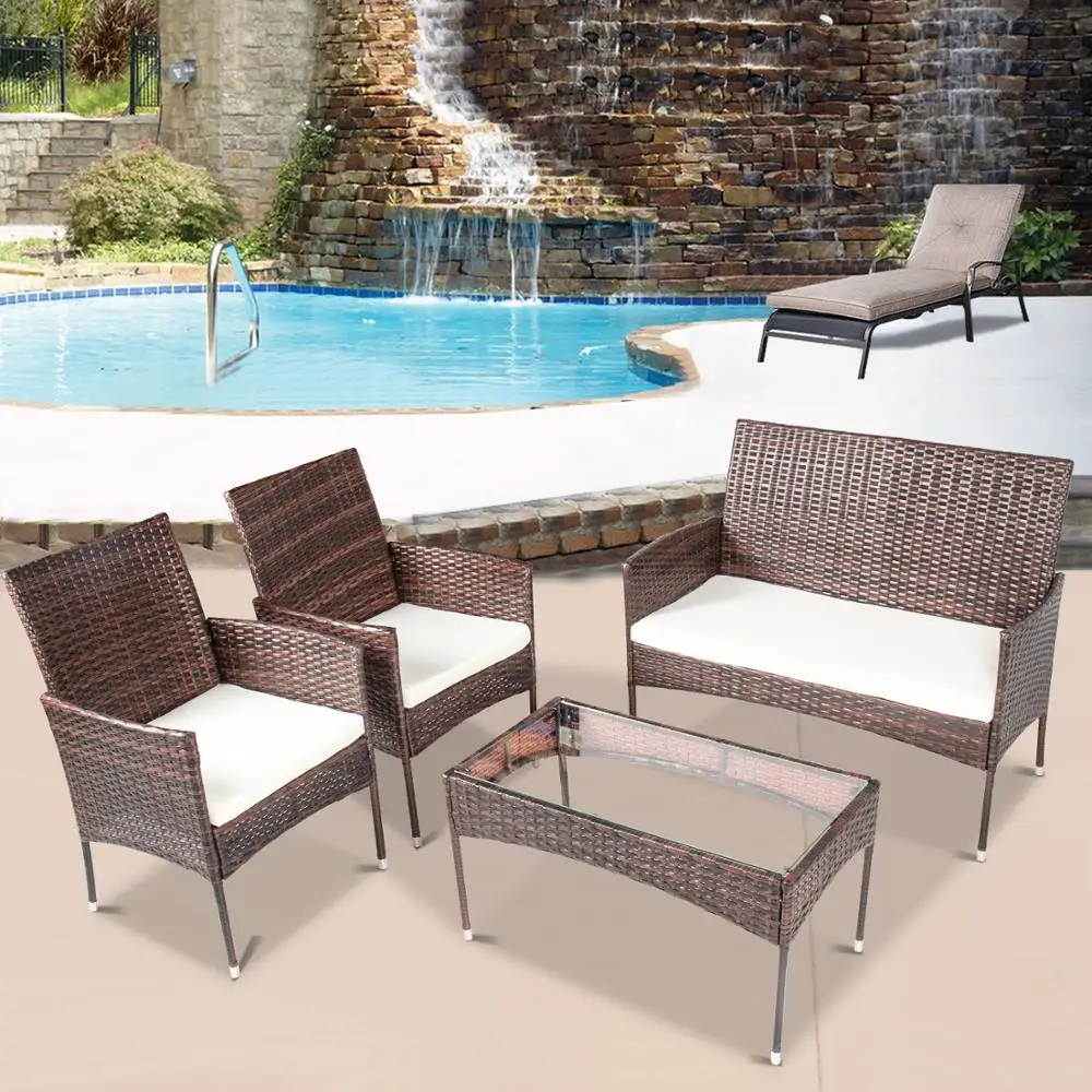 

Patio Furniture Set 4 Pieces Wicker Conversation Garden Furniture Lawn Outdoor Sofa Set With Cushioned Seat Home Decor
