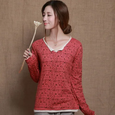 rose red Трикотажная хлопковая женская футболка с v-образным вырезом и длинными рукавами, женская футболка, дышащий Женский Осенний пуловер Футболка с принтом - Цвет: rose red