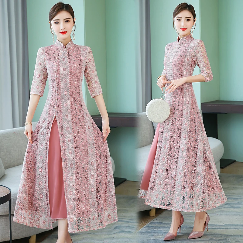 Винтажное повседневное Ретро cheongsam ao dai женское вьетнамское платье с вырезами, кружевное платье с воротником-стойкой, китайское платье в восточном стиле - Цвет: color3