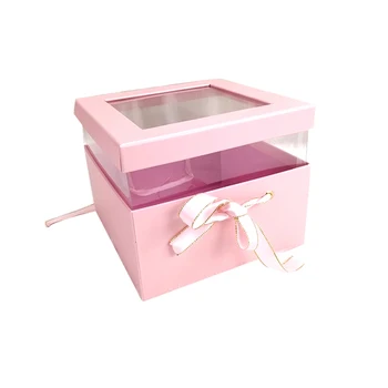 

Happy Valentine Pure Pink Cube Paper Gift Box with Ribbon Bowknot & Half PVC Window Showing Flowers, Chocolates, or Other Gifts