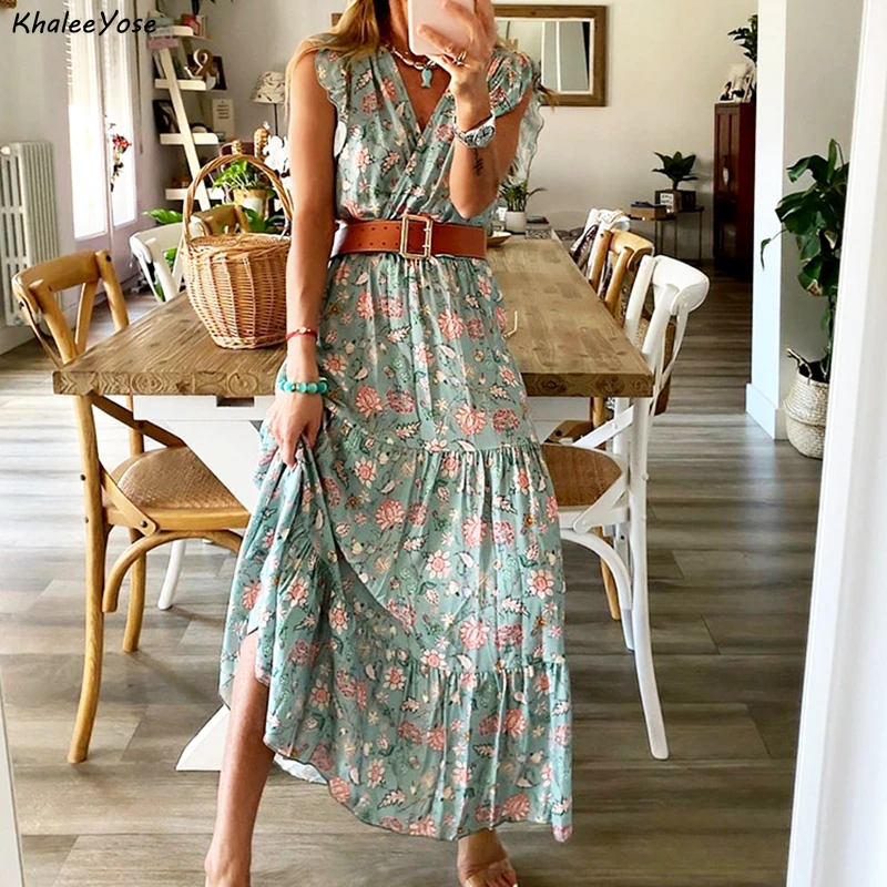 

KHALEE YOSE Vintage Green Floral Maxi Dresses Summer Boho Women Dresses Flare Sleeve Ruffles Belted Ladies Casual Female Dress