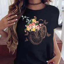 Maycaur Women Cartoon Bicycle Heartbeat Print T Shirt 90s Fashion Trend Lady Tee Graphic T Top Female Tshirts Clothes T-Shirt 