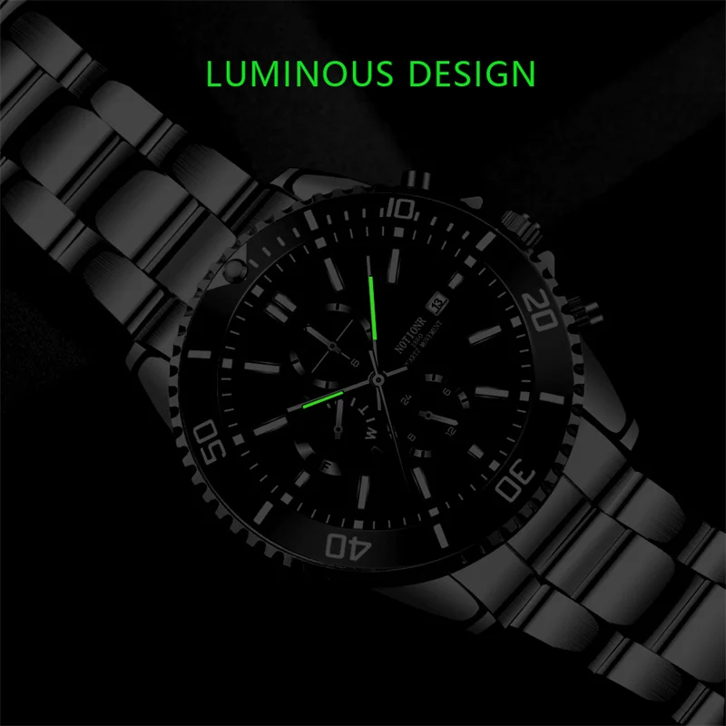 Reloj de negocios de lujo para hombre, cronógrafo de cuarzo, de acero inoxidable, resistente al agua, luminoso