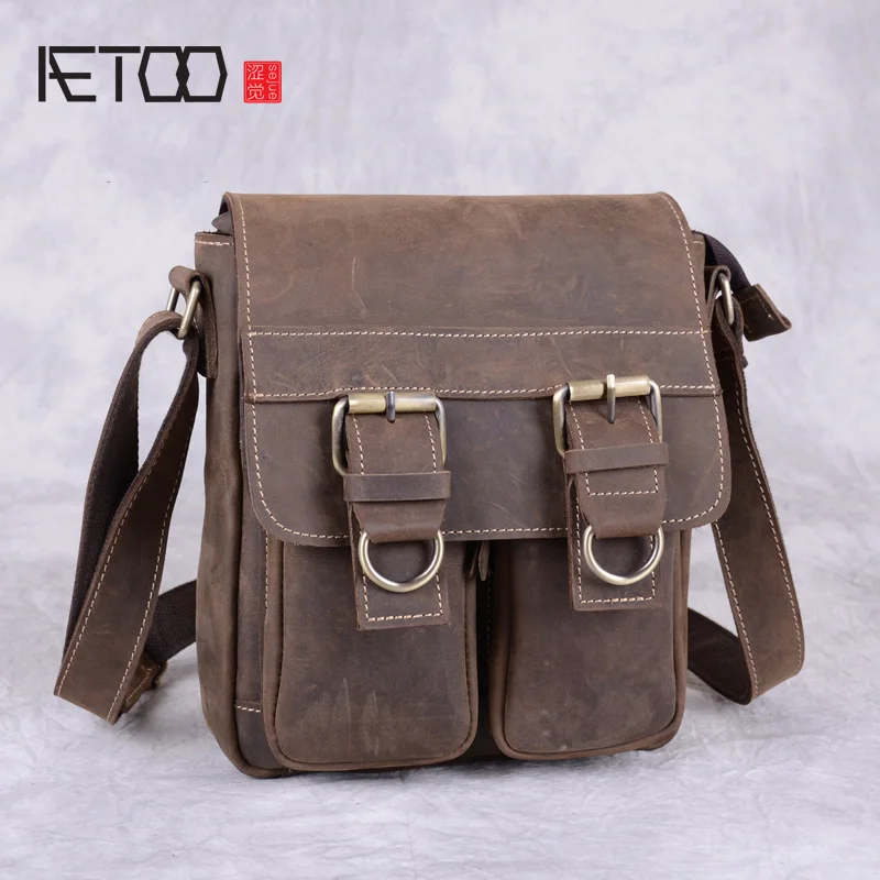 Кожаная мужская сумка AETOO Mad horse кожаная на плечо портфель А4 винтажная почтальона