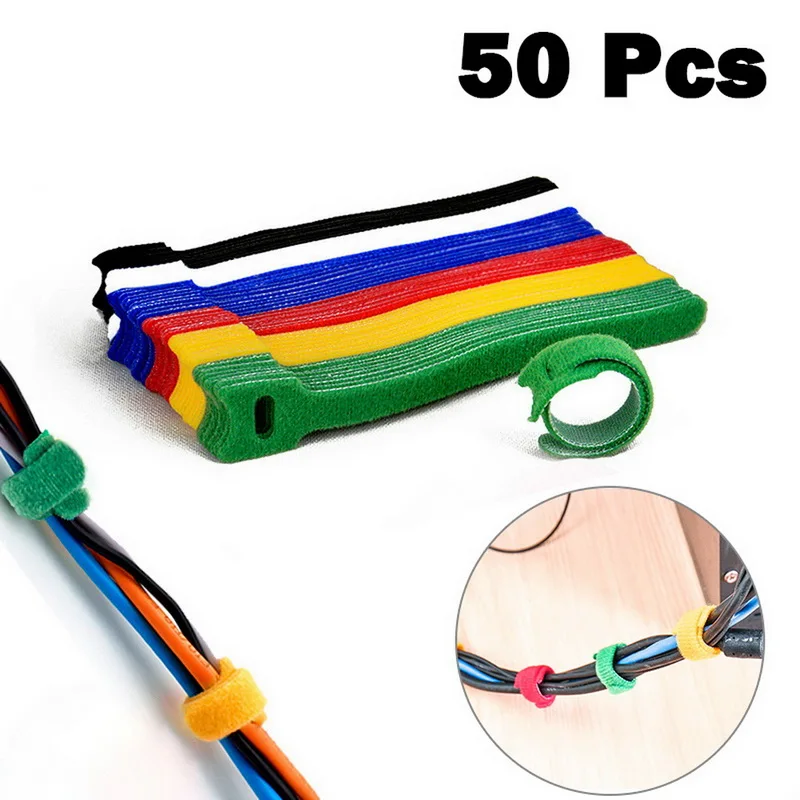 50 x Nylon Straps Hook and Loop Cables Black Cord Ties Tidy Organizer Y