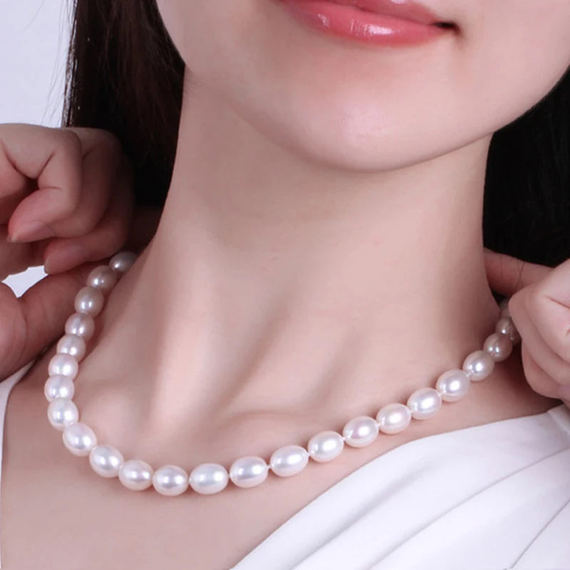 Natural White Rice Shape Pearl Necklaces for Women 7-8MM Freshwater Pearls Chorker Necklace Fine Jewelry FEIGE