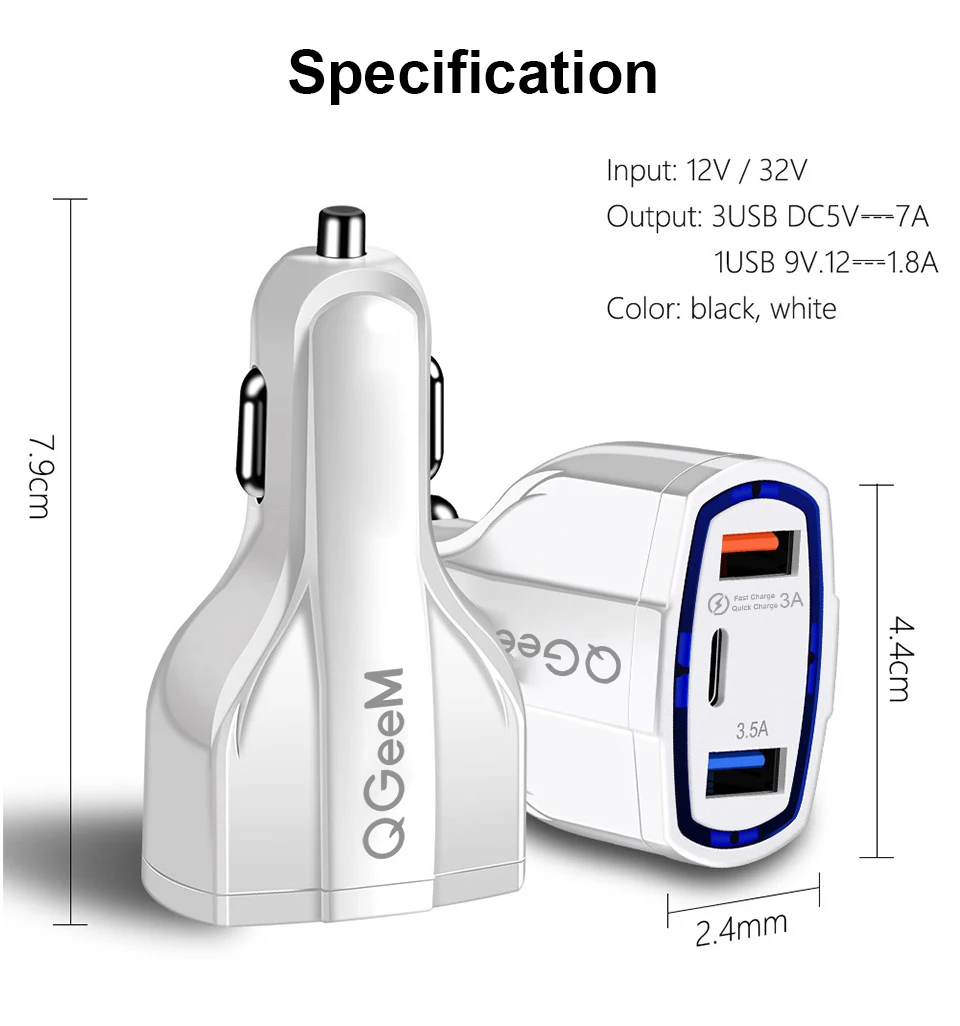 QGEEM QC 3,0 USB C автомобильное зарядное устройство с 3 портами Быстрая зарядка 3,0 быстрое зарядное устройство для автомобильного телефона зарядный адаптер для iPhone Xiaomi mi 9 Red mi