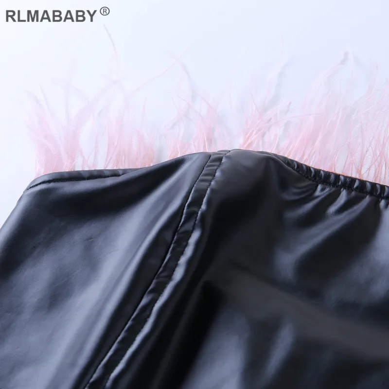 Rlmaaby/сексуальный женский укороченный Топ без бретелек из искусственной кожи с перьями, черный летний женский топ с неровным подолом, модная уличная Женская майка