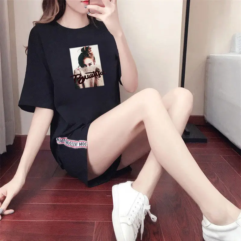 woman Black Комплект из двух предметов, спортивный костюм, короткая летняя одежда для женщин, плюс Размер 3xl, Женский Повседневный короткий костюм со штанами, Студенческая верхняя одежда для девочек в стиле Харадзюку - Цвет: woman Black