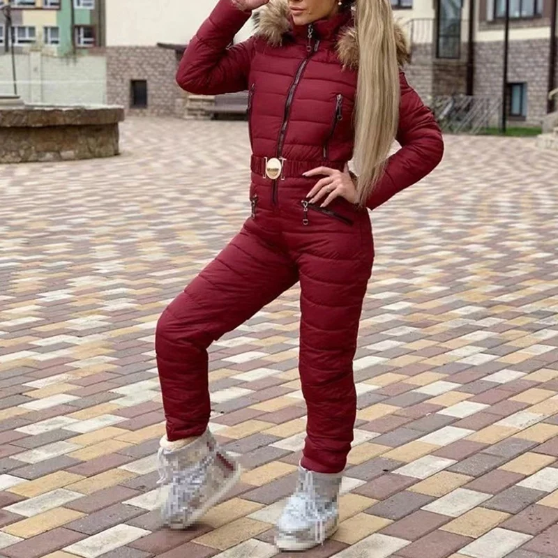 

Women's Hooded Jumpsuits Parka Cotton Padded 2020 Winter Warm Sashes Ski Suit Straight Zipper One Piece Casual Tracksuits