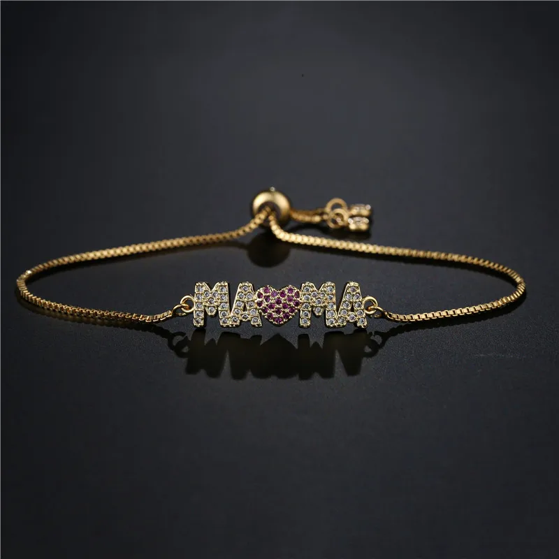 Fashion Gold Color "Mama" Charm Bracelets For Women Girl Adjustable Chain Length Luxury CZ Jewelry Gift For Mom