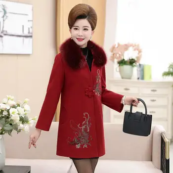 

Middle-aged fashion printed woolen coat ladies 2019 large fur collar Slim winter thick warm wool Coat gray jacket Plus size 5XL