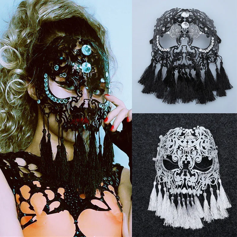 Get  New Black White Hollow Crystals Fringed Mask Female Singer Dancer Stage Performance Props Halloween