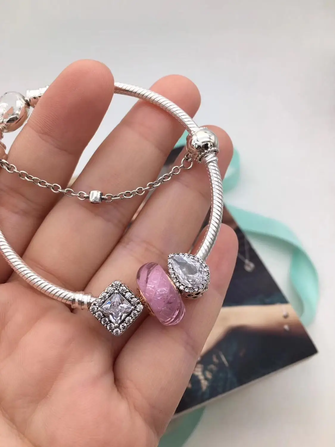 

Keris Store High Quality Original 1:1 100%925 Sterling Silver Pink Glazed Beads With Diamond Bracelet Free Shipping