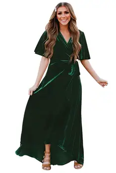 

Green/Wine Red Velvet Pleated Wrap Tie Waist Maxi Dress Women 2020 Bodycon Belted Spring Summer Party Long Dresses Vestidos Robe