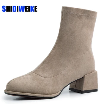 

2020 Women boots Cow suede ankle Boots Genuine Leather autumn winter ladies boots female shoes Thick heel booties AB882