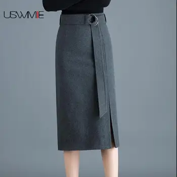

Women Skirts Autumn Spring Woolen Wrap Hip Front Split One Step Belt Casual Solid Color Elegant Temperament High Waist Skirt