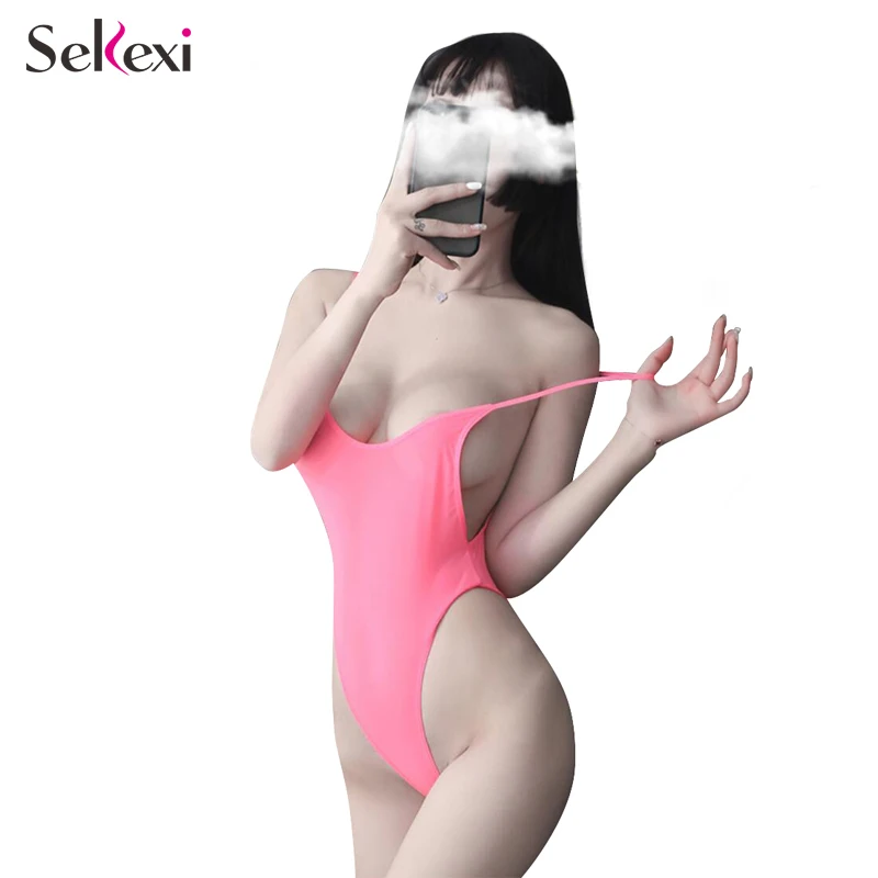 Ladies Perspective High Elastic Ice Silk Swimsuit Sexy Bottom Open Crotch Jumpsuit For Sex Passion Thin Transparent Bodysuit