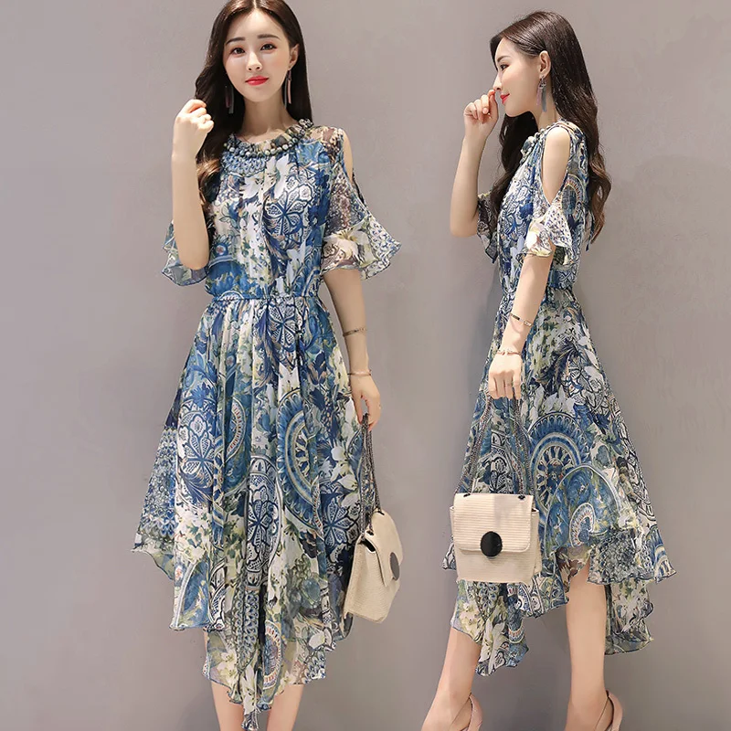 

Waist Hugging Chiffon Dress Women's 2019 Summer off-Shoulder Bohemian Slimming Irregular Beach Seaside Holiday Fashion