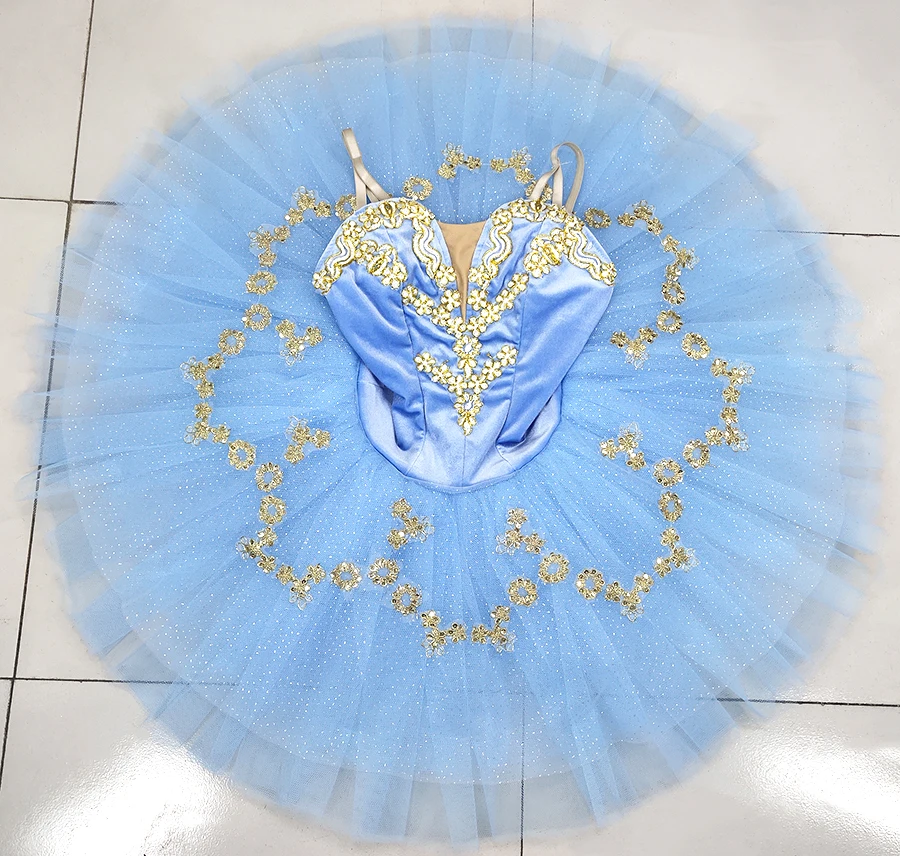Professional Ballet Tutu Light Blue Gold Adult Women Shape Performance Ballet Tutu Dress Professional Ballet Stage Costume