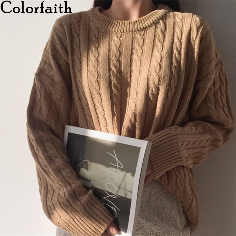 Colorfaith новинка 2019 Осень-зима корейский стиль Круглый ворот вязаный Женский