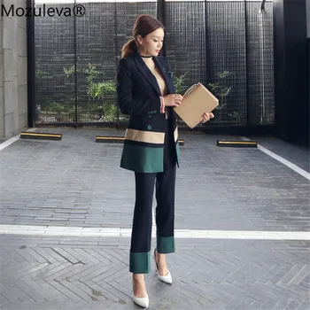 

Mozuleva WomenTwo Pieces Sets Vintage Slim Patchwork Green Long Blazer + Ankle-Length Pant Suits Double Breasted Loose Outfits