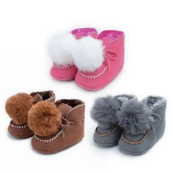 

Thicken Baby Boots Lace-Up Lovely Pompon Non-slip Snow Prewalker Soft Coral Fleece Toddler Solid Color Winter Warm Shoes