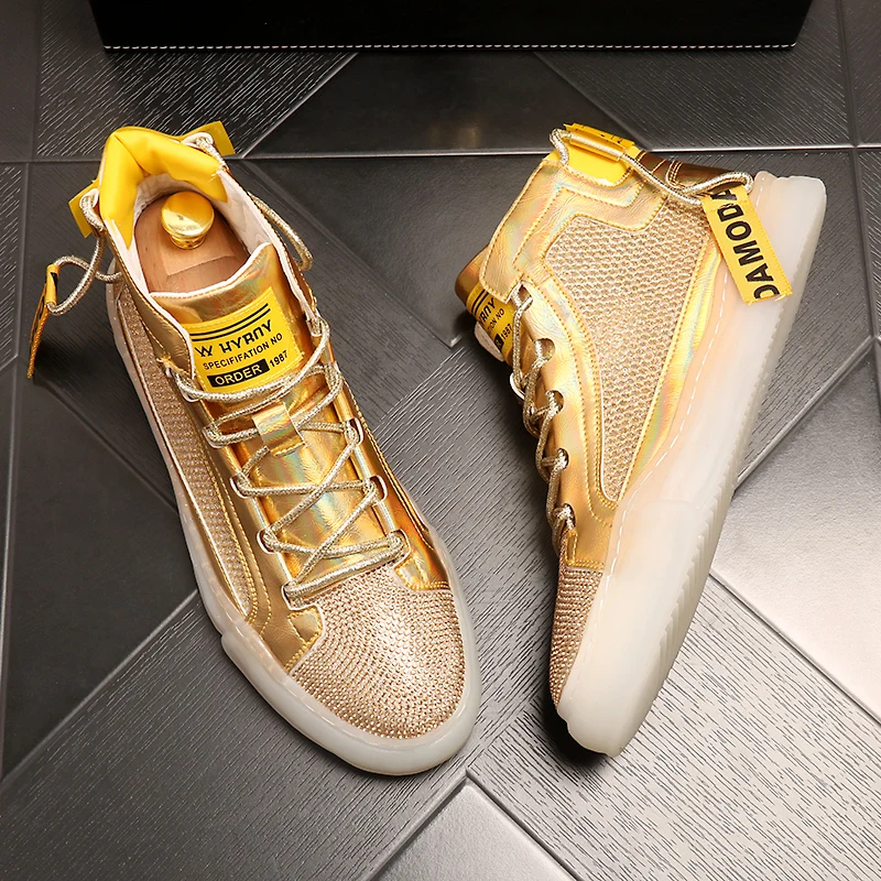 

Personality Fashion Men's Trend High Shoes 2019 Autumn New Breathable Comfort Hollow Versatile Men's Gold Casual Shoes