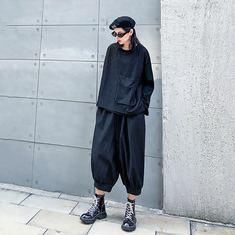 [EAM] Черные Полосатые широкие брюки с высокой эластичной талией, новые свободные брюки, женские модные весенне-осенние брюки 1M635