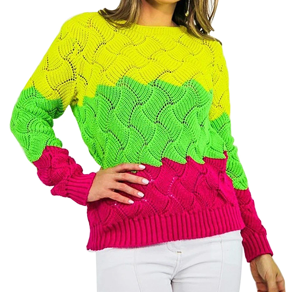 

Puimentiua Fall 2019 Women Long Sleeve Crewneck Knitted Pullover Sweater Fashion Patchwork Casual Women's Sweters Tops Mujer New
