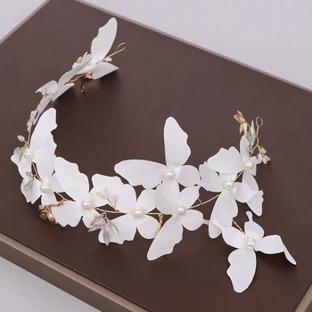 

White Butterfly Headbands Gold Pearl Hairbands Wedding Hair Accessories Handmade Rhinestone Tiara Headdress Women Hair Jewelry