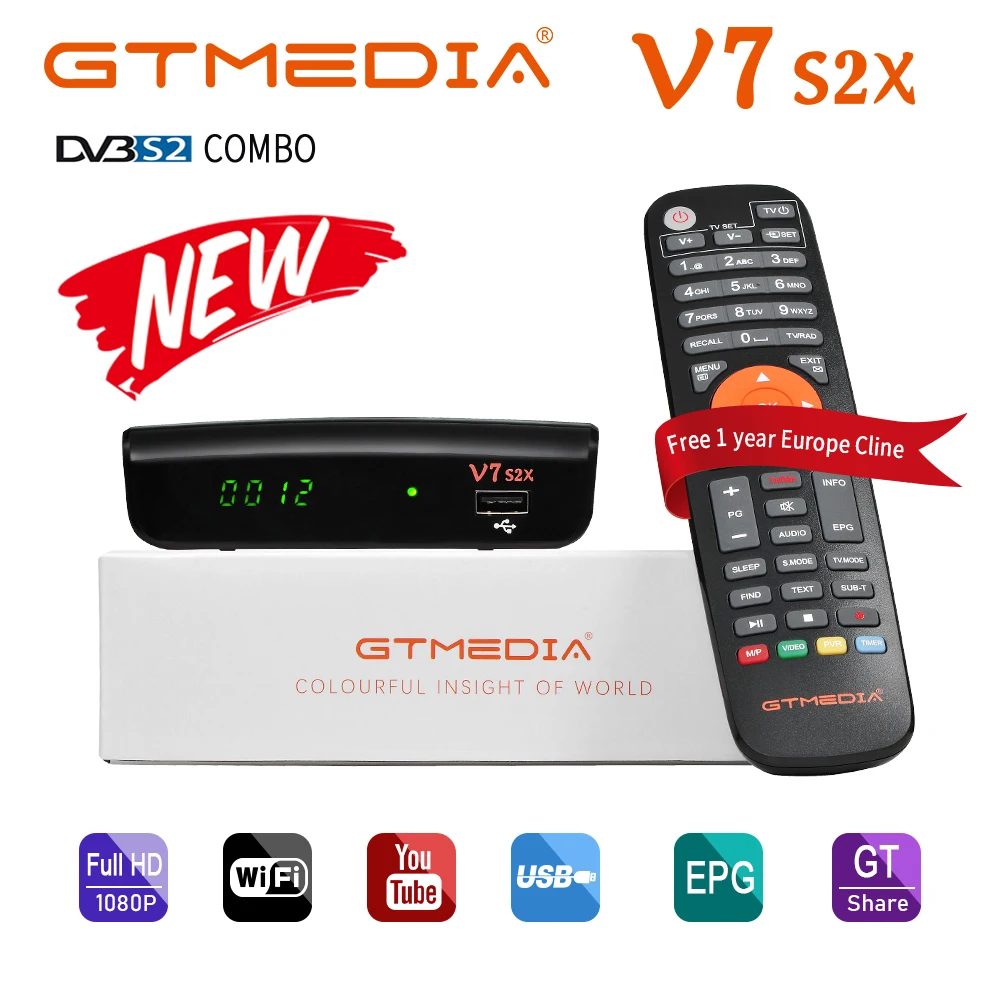 

GTMEDIA V7 S2X HD DVB-S/S2/S2X+T/T2 BISS auto roll Full PowerVu DRE &Biss key Support Online Movie Youtube Youporn upgrade V7S