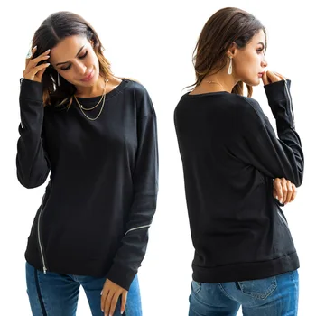 

BONJEAN Zipper Decoration Black T Shirt 2020Loose Tops and Tees Large Size Shirt for Women's Long Sleeve Autumn Shirt BJ386