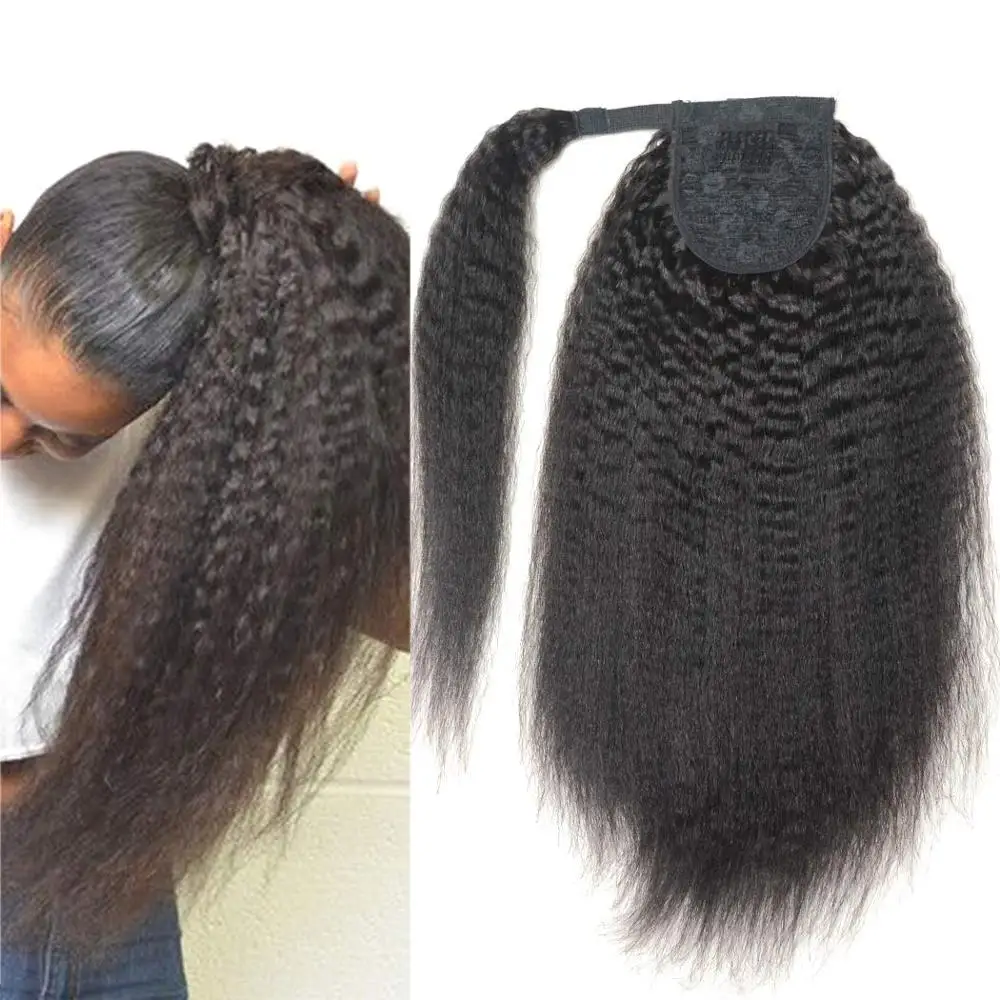 Kinky Straight Ponytail Hair Extension Clip for Women Synthetic Wrap Around Magic Paste Black Afro Pony Tail Hair 18