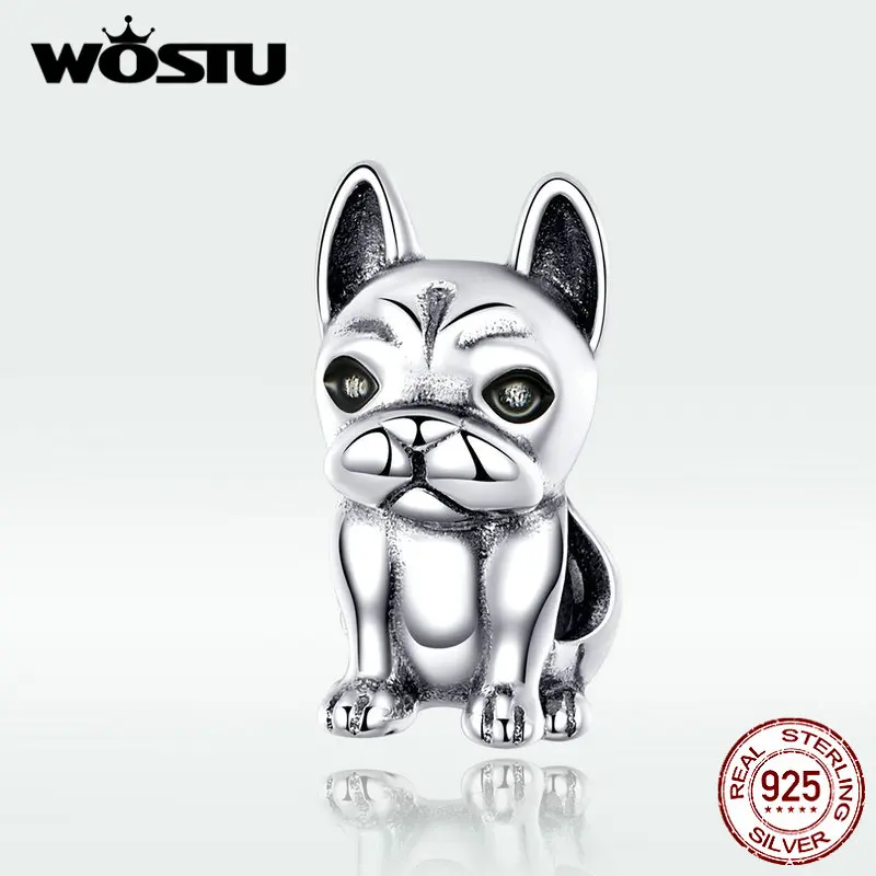 WOSTU настоящий 925 пробы серебряный милый Французский бульдог бусины талисманы подходят браслет Лидер продаж CZ кулон S925 CQC1306
