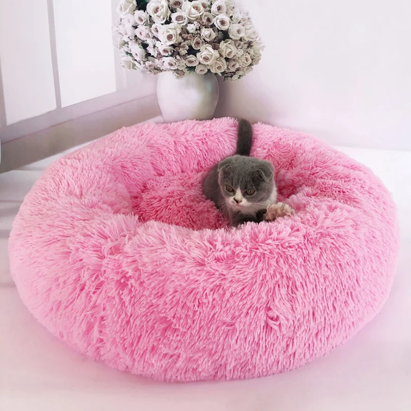 Round Plush Cat Bed House Soft Long Plush Cat Bed Round Pet Dog Bed For Small Dogs Cats Nest Winter Warm Sleeping Bed Puppy Mat - Цвет: Bright pink