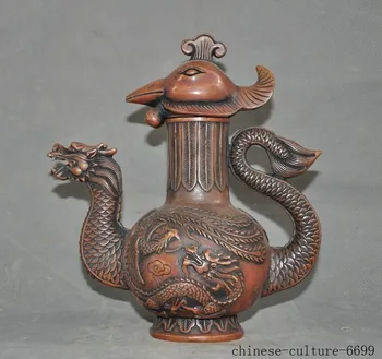 

wedding decoration 8"Old Chinese bronze Loong Dragon phoenix bird statue Tea Pot Flagon Tanks Crock