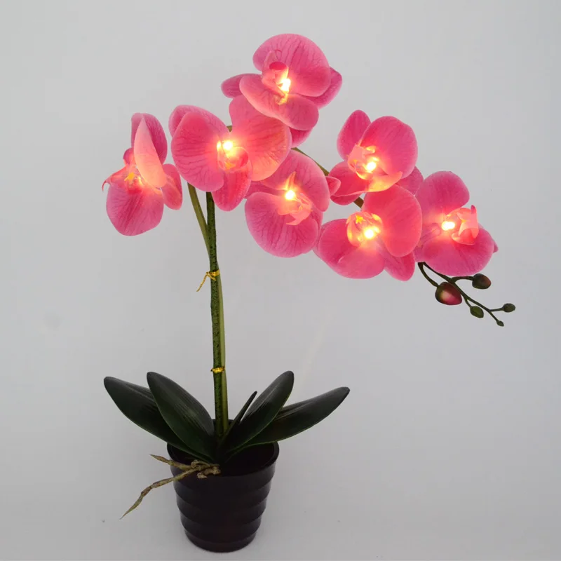Rose Red 20 дюймов(50 см) светодиодный Цветок Орхидеи Бонсай 7 шт. теплый светодиодный горшок с 2* AA батареей, 7 шт. настоящие сенсорные цветы с бутонами - Цвет абажура: Rose Red