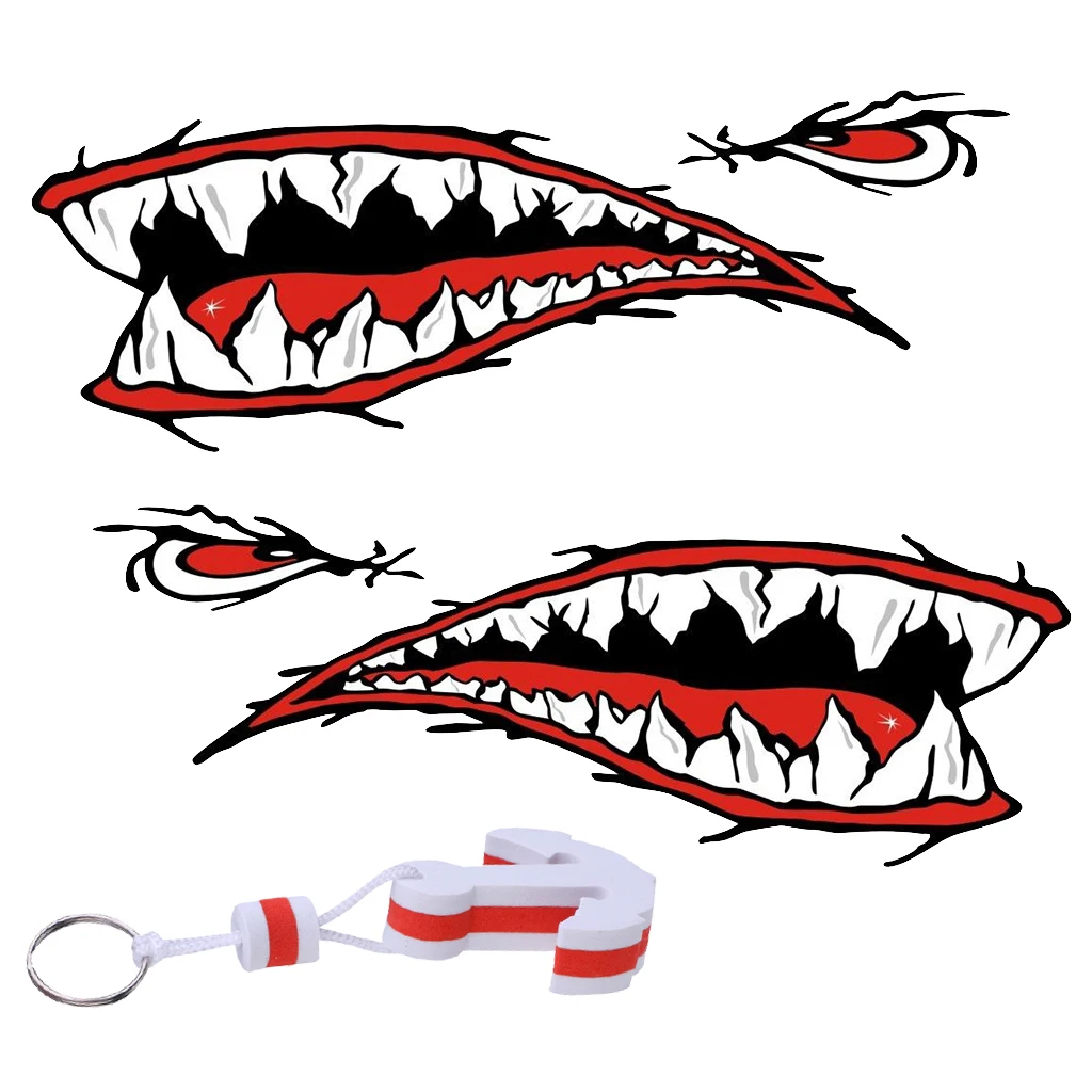 2 Pieces Shark Mouth Teeth PVC Car Yacht Boat Decal Sticker Decor + White Anchor Floating Key Chain Key Ring