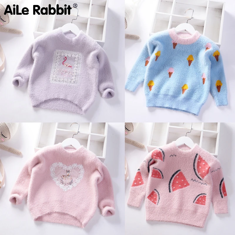 Beste 2019 Herfst Winter Nieuwe kinderen Truien Fluwelen Meisjes Trui Warm Cartoon Watermeloen Flamingo Ijs Kids Cltothing