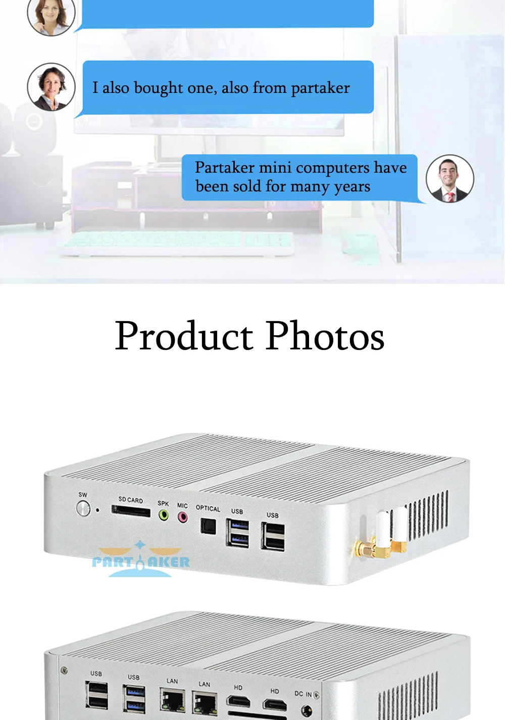 Elevate your gaming experience with Partaker Mini PC, featuring Intel Core i7 1065G7, i5 1035G4, 2 RAM Slots supporting up to 64GB DDR4 RAM, 2 HDMI2.0, 2 LAN, and 8 USB ports. Description Image.This Product Can Be Found With The Tag Names Barebone Mini PC, Computer Office, Mini pc