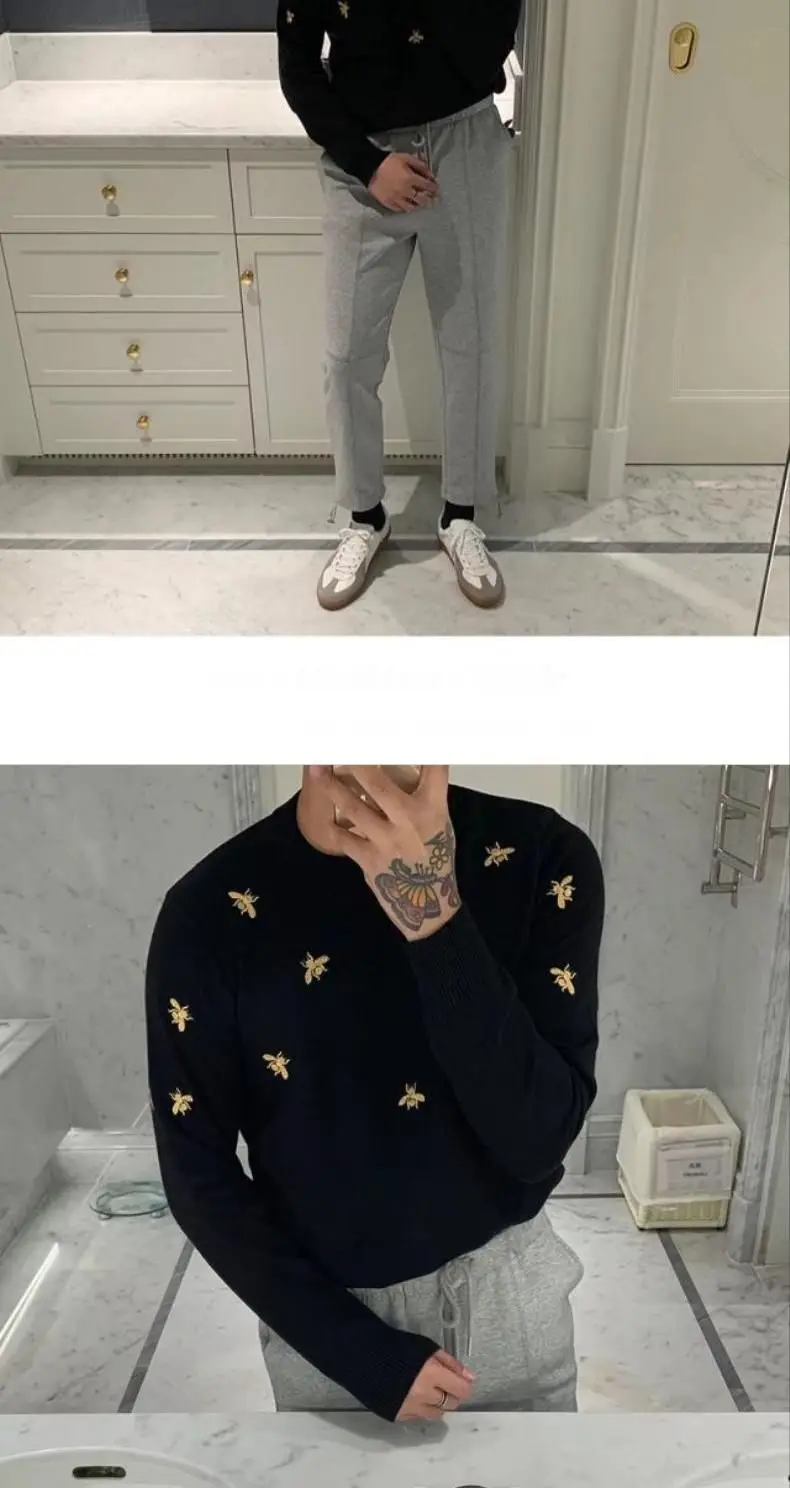 Men Knitted Pullover Black O Neck Bee Embroidery Soft Sweater Handsome Autumn Winter Casual Top Wholesale 2022 New Male Clothes Men Knitted Pullover Black O Neck Bee Embroidery Soft Sweater Handsome Autumn Winter Casual Top Wholesale 2022 New Male Clothes