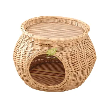 

Natural Wicker Weaving Cat Nest Manual Rattan Cat House Cat Accessories Durable Green with Thick Mat for Big Pet